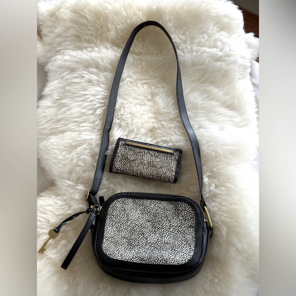 FOSSIL Elle Crossbody Cheetah Leather Purse AND Wallet Set
